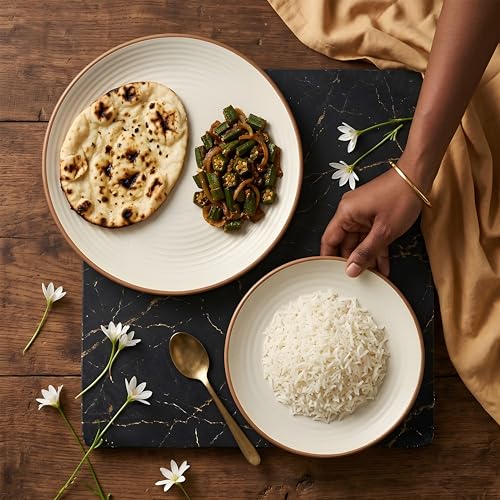 Image of miah decor Ceramic Dinner Set - 8-Piece Handmade Stoneware Dining Set | 4 Quarter Plates & 4 Dinner Plates | Off White Ribbed Matte Finish | Microwave & Dishwasher Safe | Ideal for Gifting
