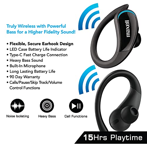 Image of Maxell True Wireless Earbuds with Earhooks, 15hr Battery, Bluetooth 5.0
