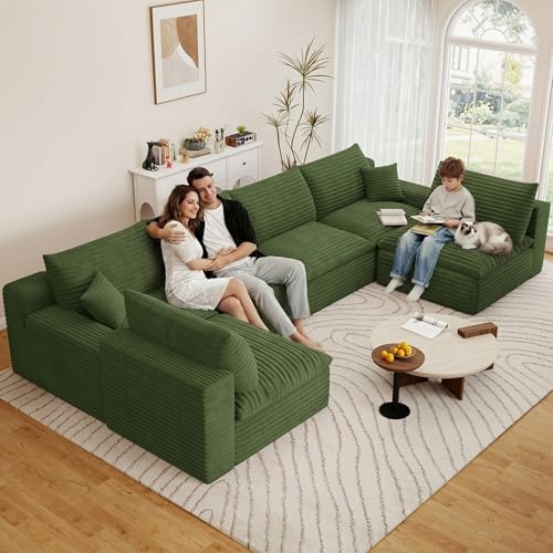 Image of 136 inch Cloud Couch Modular Sectional Sofa for Living Room, U-Shape Boneless Couch with Deep Seat, Modern Corduroy 6-Seater, No Assembly Required, Green