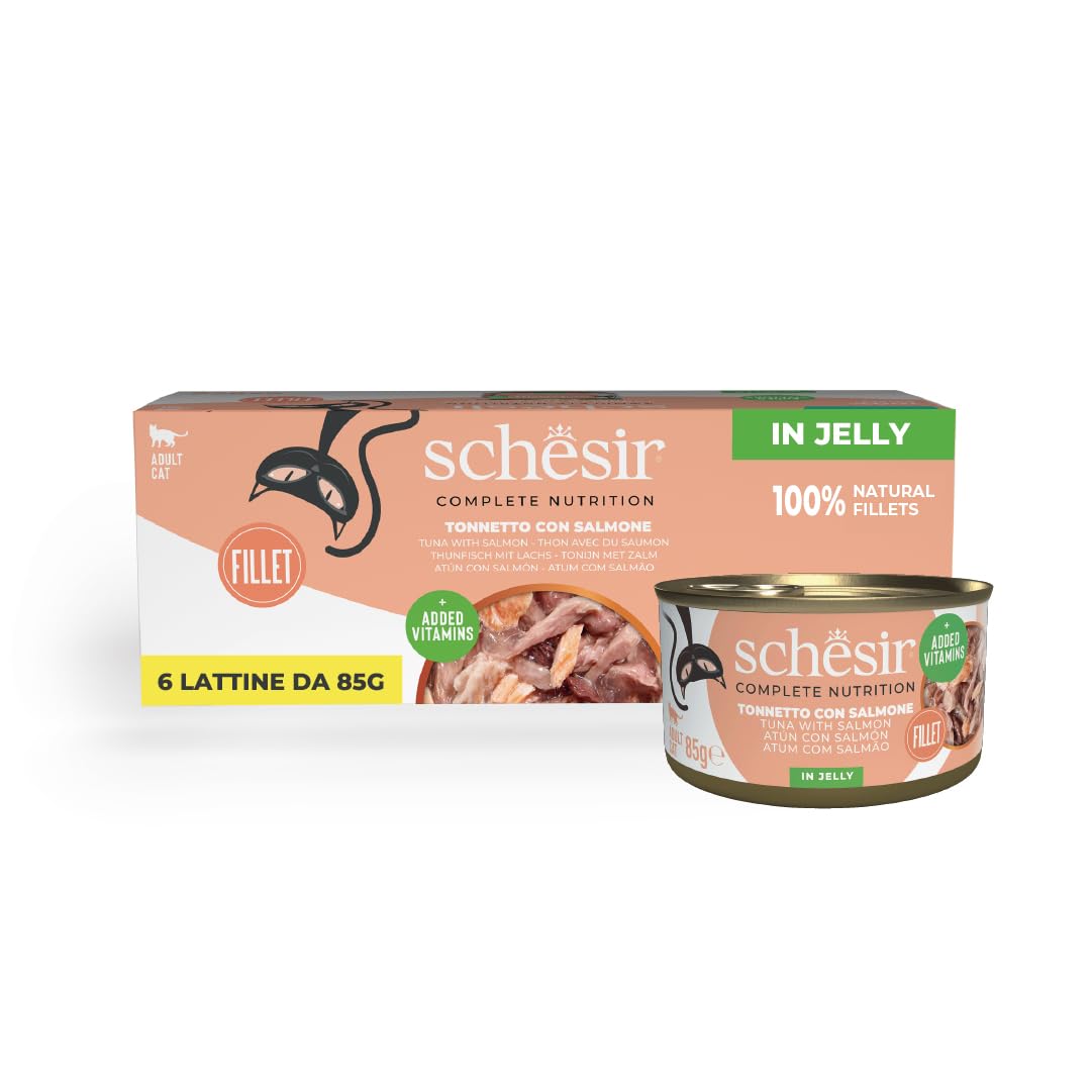 Schesir Tonijn met zalm in gelei, natvoer voor katten, ingeblikt, 100% natuurlijk, met extra vitaminen, 12 x 85 g