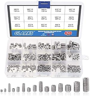 Glarks 420Pcs M3/M4/M5/M6/M8 Allen Head Socket Set Screw, 304 Stainless Steel Internal Hex Drive Grub Screw Assortment Kit