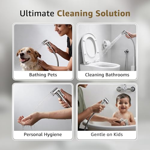 Image of Amazon Basics Handheld Health Faucet for Bathroom, ABS Plastic Body with Chrome Finish, 1 Meter Stainless Steel Flexible Hose Pipe and Wall Hook, Silver, Jet Spray for Toilet