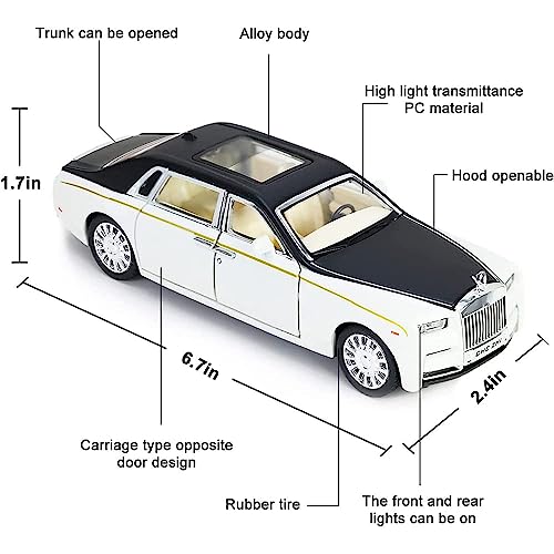 Image of Diecast Cars 1:32 Scale, Rolls-Royce Phantom Model Car,Zinc Alloy Pull Back Toy car with Sound and Light for Kids Boy Girl Gift.-White