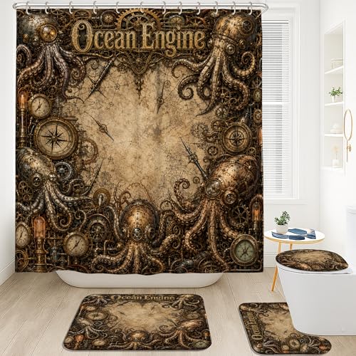 Ensemble de rideaux de douche imperméable motif pieuvre en toile résistante