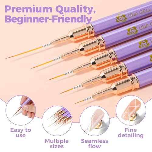 Image of UNA GELLA Nail Art Pens Metallic, Liner Brushes Set For Nail Art Gel Polish, 5Pcs Purple Color, Detail Nail Art Design Painting Brush Set For Nails Gel Fine Drawing Nail Tools, Sizes 7 /9 /11 /15 /25mm