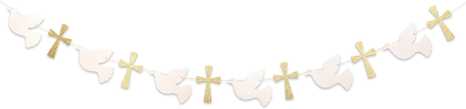 Christening Dove and Cross Banner - God Bless Easter Party Gold Glitter Decoration Garland, Fist Holy Communion Baby Shower Decor (god Bless Banner)