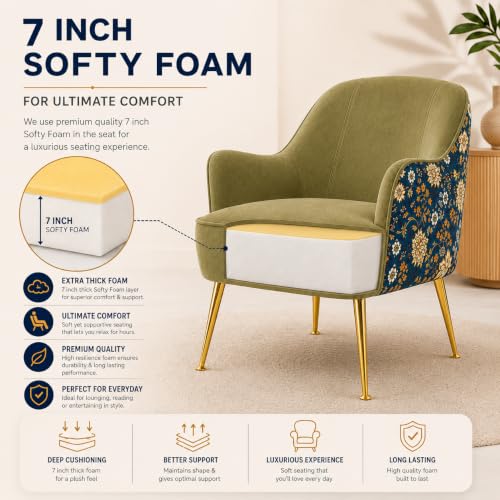 Image of Velvet Chair with Pillow for Home | Modern Accent Armchair in Soft Velvet Fabric with Golden Legs | Premium Accent Chair for Living Room Bedroom Restaurent | (Olive Brown, Big Zara)