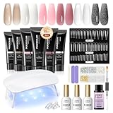PEACECOLOR 24Pcs Poly Nail Gel Kit Starter Kit with Nail Lamp 6 Colors Pink Nude Black Poly Nail Extension Gel with 3Pcs Glossy/Matte Top Coat Nail Rhinestones DIY Home Gifts for Women