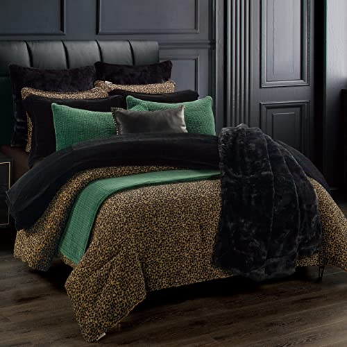 Hiend Accents Cheetah Print Bedding Adrienne 3 Piece Duvet Cover Set With Pillow Shams, Gold And Black Leopard Print Super Queen Size Bedding Set, Chenille Animal Print Safari Bed Set #TOP1