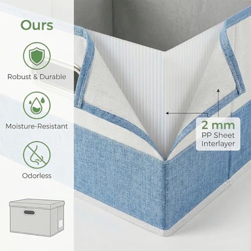 Image of PRANDOM Storage Bins with Lids [3-Pack] Linen Fabric Foldable Storage Boxes Organizer Containers Baskets Cube with Cover for Bedroom Closet Office Blue&White（11.4X8.6X6.7