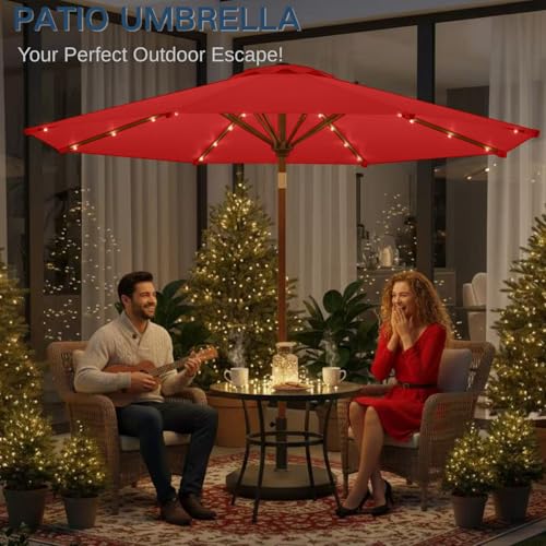 Image of 9' Solar LED Patio Umbrella with Tilt & Crank|8 Sturdy Ribs,UV Protection,Outdoor Market Table Umbrella for Deck,Lawn,Pool,Backyard (Red)