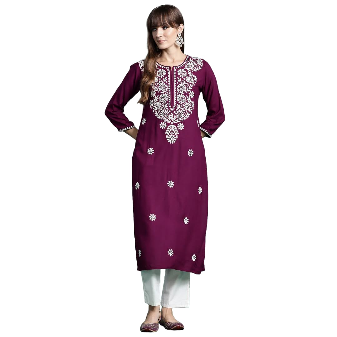 Women Straight Printed Kurta | Kurti Top Ethnic Ready to Wear | Suits for Casual Formal Traditional Wear L Burgundy_Embrioderied