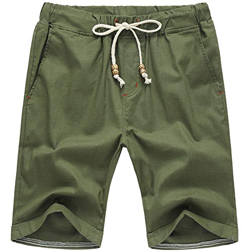 ZOXOZ Pantalones Cortos Casuales de algodón de Verano con Bolsillo Cintura elástica y cordón para Hombre Verde Militar S Cover