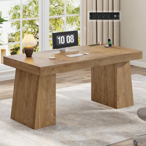 UPOSOJA 55.9 in Executive Desk with Power Outlets, Modern Home Office Desk with Storage Cabinet, Wood Computer Desk Business Workstation Desk Conference Table, Oak (Storage Cabinet)