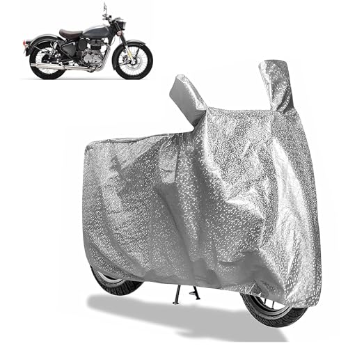 Image of Sulfar Bike Cover for Royal Enfield Classic 350 (Redditch /Dark /Chrome) | Waterproof, Dustproof & UV Protected | All Weather Two Wheeler Cover (Silver) New 2026 Variants