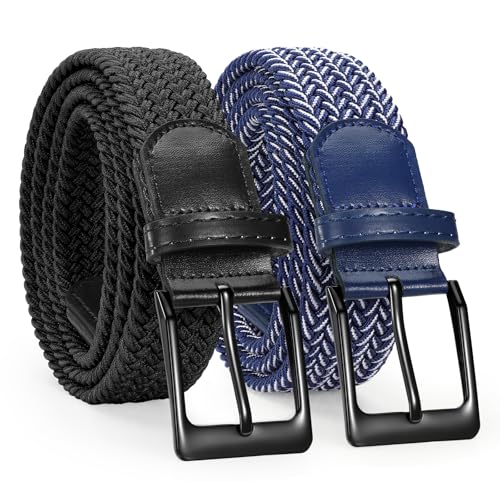 Image of SANSTHS 2 Pack Stretch Braided Elastic Belt for Men, 1 3 /8 inch Elastic Woven Belts Mens Stretch Belt for Casual Golf Jeans