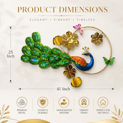 Image of SHREE 'O' GREEN TECH - Handcrafted Decorative Metal Peacock Wall Art Golden Leaf Frame Showpiece Multicolor Decor for Home Living Room Drawing Room Bedroom (Size 41x25 Inch)
