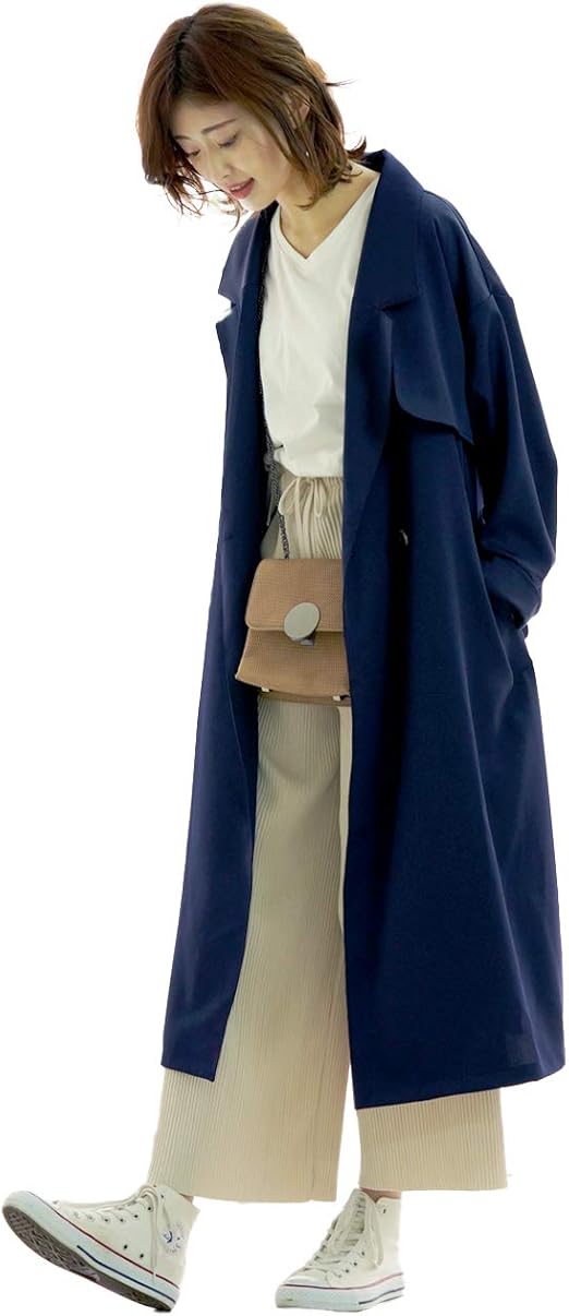 Amazon アドティエ トレンチコートビッグテーラー ロング ポケット スリット ベルト 開襟 オーバーサイズ ネイビーf コート ジャケット 通販