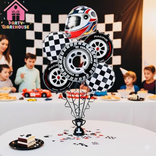 Image of Party Warehouse Helmet + Tyres Balloon Set - Includes Racing Helmet, Big Tyre 32 Inch, 2 Tyres & 2 Chequered Foil Balloons | Elegant Racing Theme | Must-Have Essential for Party Decor