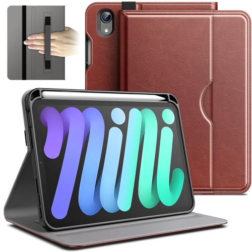 JETech Case for iPad mini (A17 Pro, 2024 Model, 7th Generation) / mini 6 (2021 Model, 6th Generation), PU Leather Business Folio Protective Tablet Cover with Pencil Holder & Pocket (Brown)