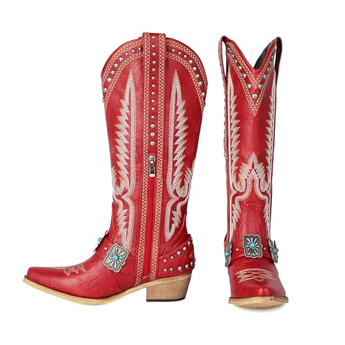 MSYIEVAD Knee High Cowboy Boots Women Rivet Western Cowgirl Boots with Metallic Buckle Turquoise (Red, 6 M US) by MSYIEVAD - Used condition - Image 3