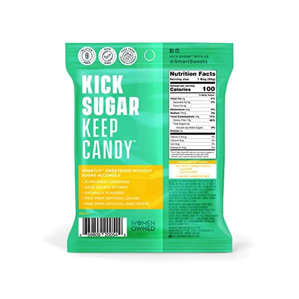 Smart-Sweets-Peach-Rings-Low-Sugar-Gummy-Candy-Plant-Based-Low-Calorie-Snack-18oz-Pack-of-12 Smart Sweets Peach Rings, 1.8oz (Pack of 12), Candy with Low Sugar (3g), Low Calorie (100), No Artificial Sweeteners, Vegan, Plant-Based, Gluten-Free, Healthy Snack for Kids & Adults