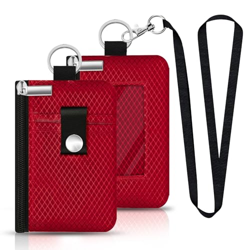 Image of Minimalist RFID Blocking Small Wallet with ID Window,WaterResistant Zip Id Case Wallet with Lanyard Keychain for Cards,Cash,Travel,Women,Men (Red)