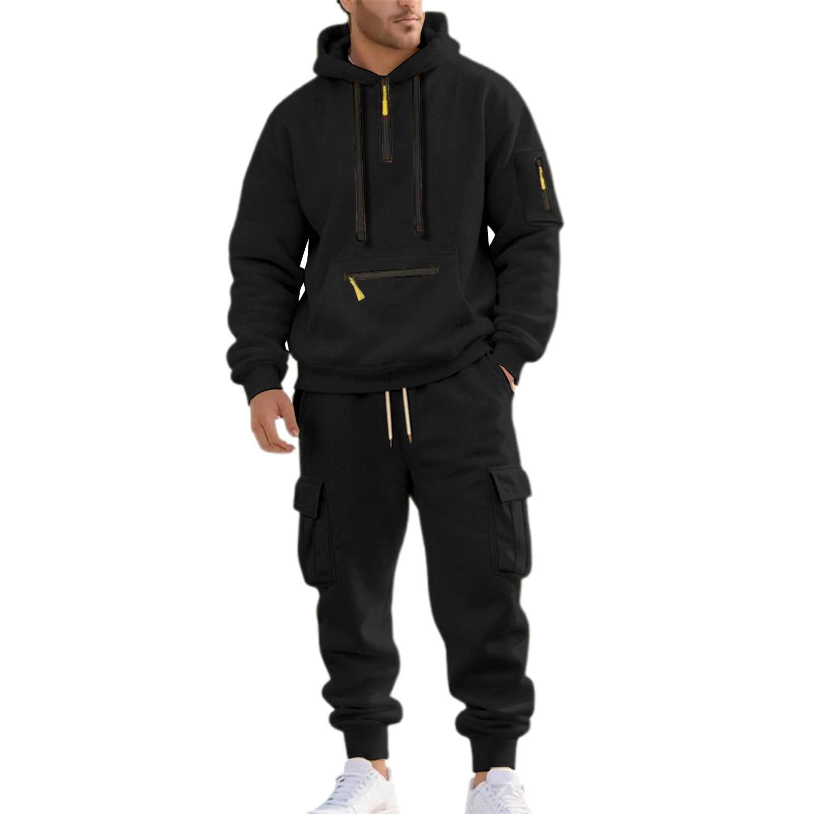 Générique Set di 2 pezzi da uomo in cotone, tuta da jogging con cappuccio, pantaloni sportivi, morbidi e leggeri, traspiranti, comodi, casual, da corsa, tempo libero, autunno, A95