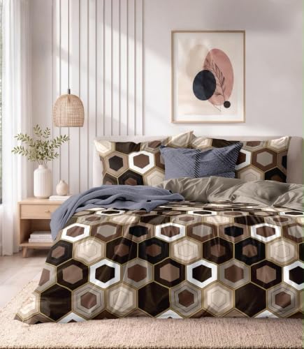 Image of Bedding Set Combo of Double Bed Duvet Cover Set with Fitted Bedsheet & 2 Pillow Covers | 300 TC Cotton Fabric | Zipper Closure |All Round Elastic|Warm Stuff|SED 054|White Brown