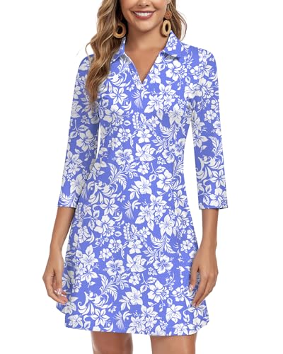 Image of WOWENY 3 /4 Sleeve Dress for Women with Pockets V Neck UPF 50+ Casual Sun Dress Breathable Quick Dry Beach Vacation