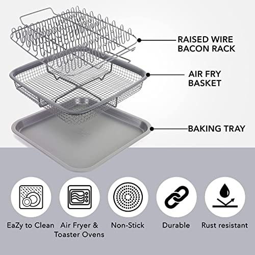 Eazy Mealz Crisping Basket & Tray Set | Air Fry Crisper Basket | Tray & Grease Catcher | Even Cooking | Non-Stick | Healthy Cooking (9" X 10", Gray) #TOP6