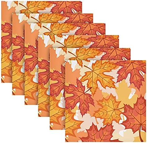 Thanksgiving Day Cloth Napkins Set of 6, Thanksgiving Autumn Leaves Maple Leaf Square Premium Polyester Table Linen for Dinner Parties