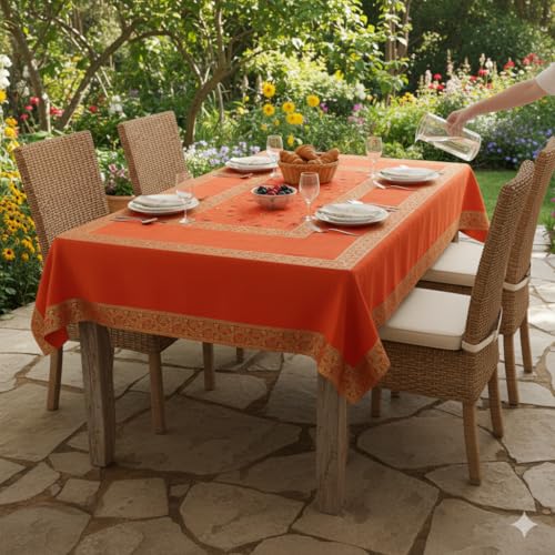Image of New Year Room Decor Embroidery Brocade Silk Table Cover for Centre & Dinning Table and 4 & 6 Seater Dining Table /Tablecloth, (50 By 50 Inches) (Orange)