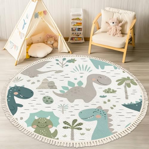 Image of DNEWYNPABV Round Rugs Dinosaur Baby boy Childish Sweet Dino with Palm and Cactus Boho Area Rug Linen and Cotton Carpet Meditation Rug Washable Hallway Runner Mat Accent Rug for Bedroom Bathroom 4ft