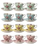 BTaT- Floral Tea Cups and Saucers, Set of 12, 8 oz, Fine Porcelain Teacup Set with Gold Trim for Afternoon Tea, Weddings, Parties & Gifting, Dishwasher Safe, Lightweight, Non-Toxic, Mothers Day Gift
