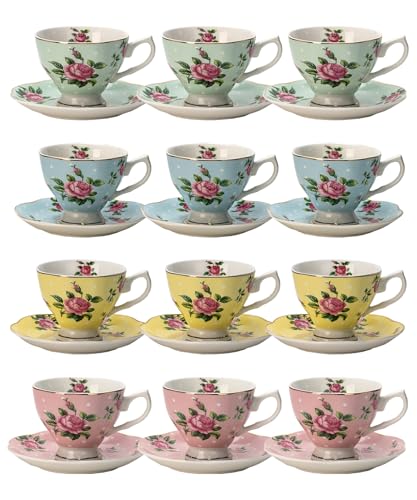 BTaT- Floral Tea Cups and Saucers, Set of 12, 8 oz, Fine Porcelain Teacup Set with Gold Trim for Afternoon Tea, Weddings, Parties & Gifting, Dishwasher Safe, Lightweight, Non-Toxic, Mothers Day Gift