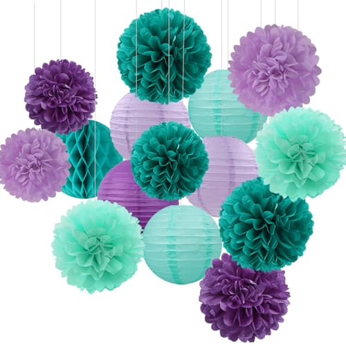 Image of Teal-Purple Party-Decorations Paper Flowers Lanterns - 15PCS Lavender Girl Mermaid-Birthday Tissue Pom Poms Streamers,Baby Bridal Shower Wedding Classroom Hanging Supplies Decor Hugfond
