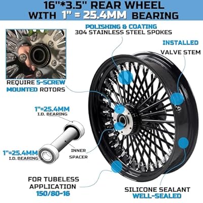 Fatflex 16 Rear Wheel BLACK Fat Spokes 3.5 Rim for 00-07 Harley Dyna/Softail/Touring Dual Bearing (1 & 3/4) w/Reducer-1635R-1SM-BBB