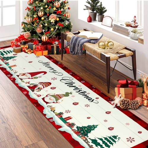 TUKDAK Weihnachtsteppich rutschfest 60x240cm, Weihnachten Teppich Läufer fürs Flur, Waschbar Kurzflor Teppichläufer Küchenteppich Küchenläufer, Boden Teppich Runner für Flur Entryway Wäsche Daneben