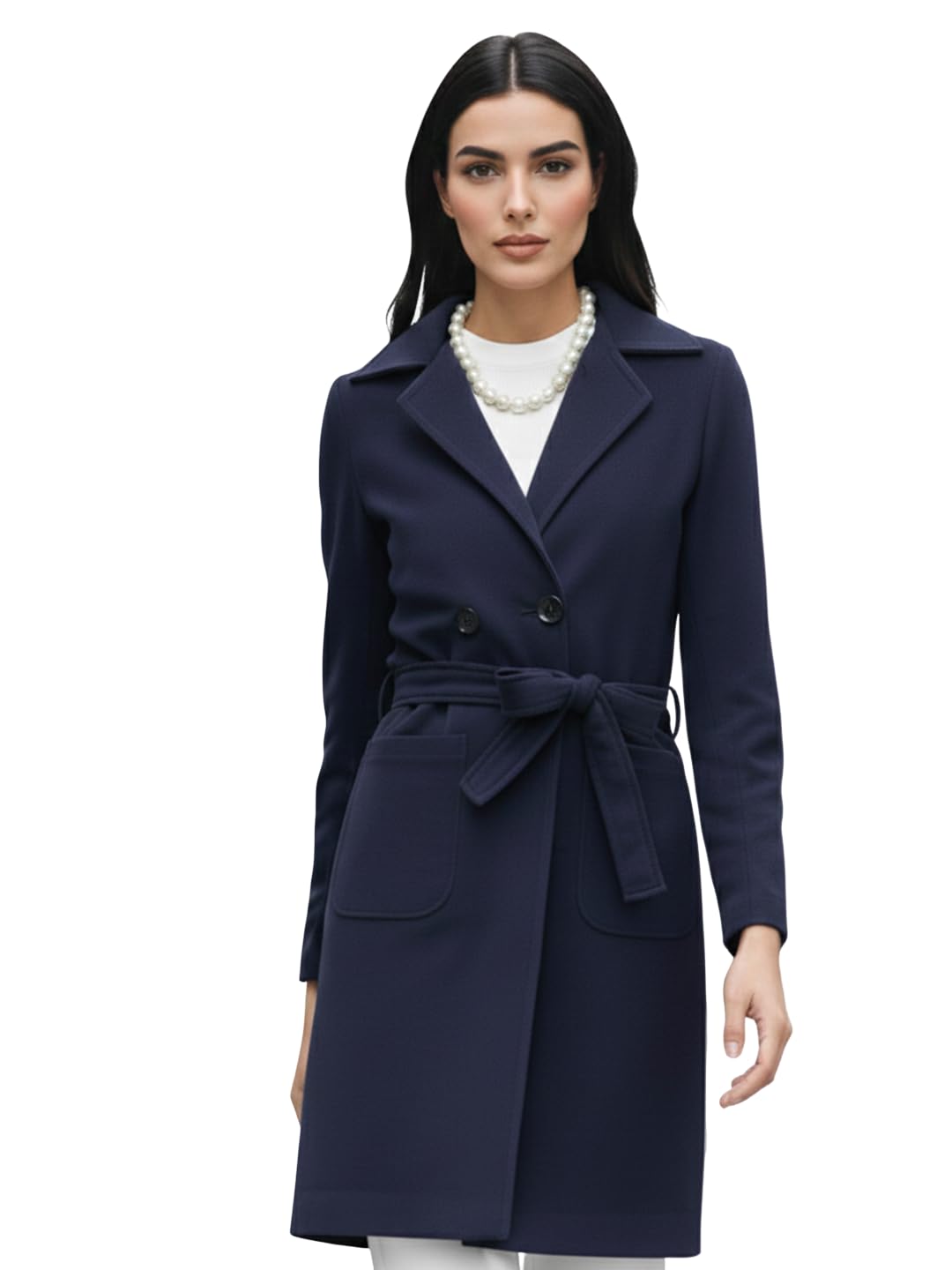 Women Classic Long Winter Coat Double Breasted | Knee Length Design with a Sophisticated Spread Collar and Convenient Front Pockets for All Occasions
