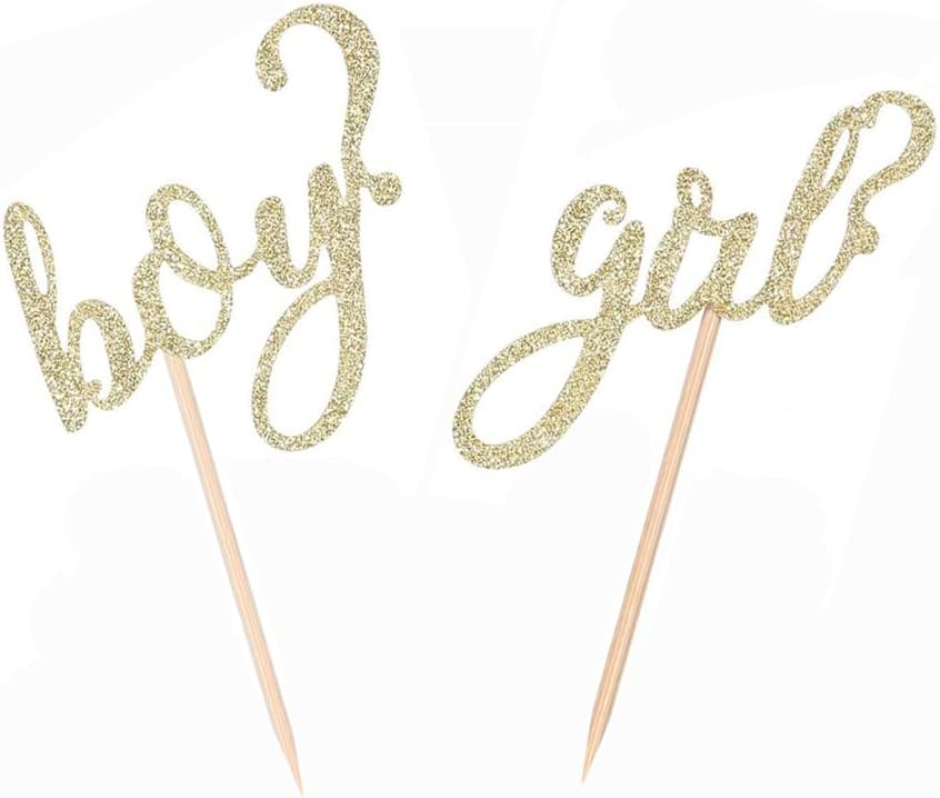 Morndew 24 PCS Glitter Gold Boy or Girl Cupcake Toppers for Gender Reveal Party Baby Shower Birthday Party Decorations - Boy or Girl - He or She