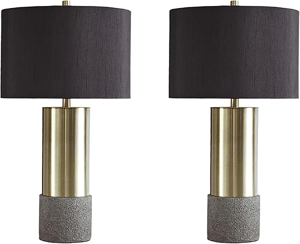 Signature Design by Ashley Jacek Contemporary Table Lamp, 2 Count, 3 Way Switch, Metal, Poly Resin and Drum Shade, 15" W x 15" D x 27.25" H, Gray & Brass Finish