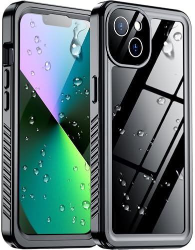 Temdan Compatible with iPhone 13 Case Waterproof Built-in Screen & Camera Protector IP68 Underwater Full Body 13FT Military Dropproof Shockproof Phone Case 6.1-Black/Clear