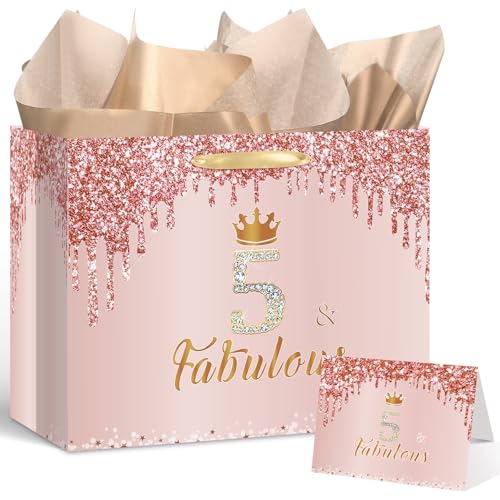 Yoirrat Rose Gold 5 & Fabulous 5th Birthday Gift Bag for Girls Large Pink Happy 5th Birthday Gift Bag with Wrapping Paper and Card for 5th Bday Decorations Party Supplies