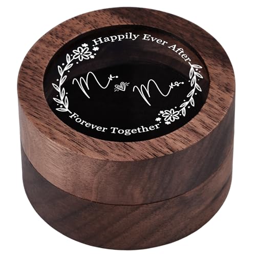 Wedding Ring Box Personalized, Mr. &Mrs. Double Ring Boxes for Ceremony, Engagement, Wooden Mini Round Ring Holder Elegant and Retro Ring Holder Box/Organizer