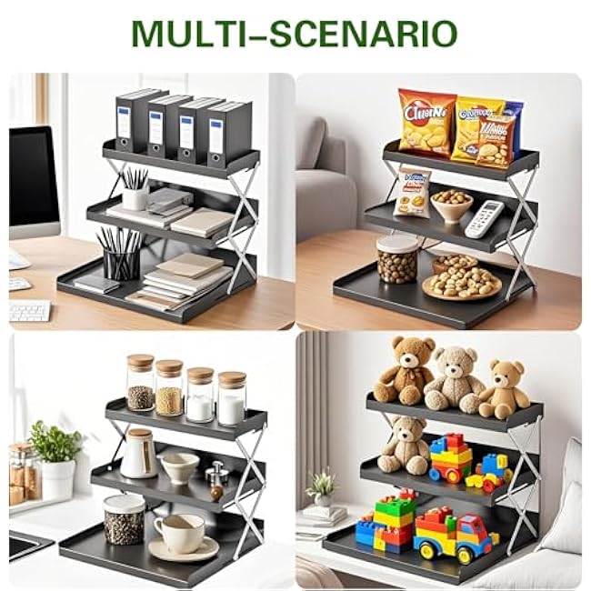 Spice Rack, Carbon Steel Foldable Kitchen Storage, 3-Tier Cup Organizer, 2-Level Adjustable, Black Counter Shelves, Includes Milk Frother and 100 Straws