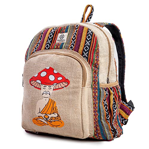 Mushroom Head Hemp Backpack Bag - Eco Friendly Hippie Yak Design Durable Functional Traveling Hiking Friendly Casual Daypack Bag by Freakmandu4