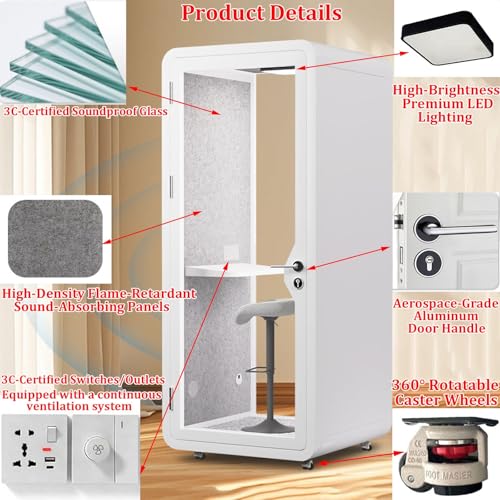 Solo Office Sound Booth Pod con ruedas, privacidad auditiva para llamadas y trabajo profundo, cabina acústica móvil para oficina, luz LED, ventilador, puertos AC USB (Blanco, 135x115x233cm) miniatura 6