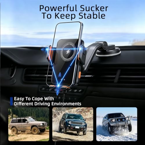 Image of Car Phone Holder Mount, Wireless Car Charger with Auto Clamping, Dashboard Phone Mount and Windshield Holder, Extendable 360 Degree Arm, Washable Gel Suction Cup, Fits Most Smartphones