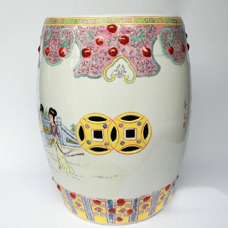 Garden Stool Pastel Hand-Painted Antique Lady-in-Waiting Drum Stool | Decorative Porcelain Garden Stool for Vanity and Home Decor Ottomans